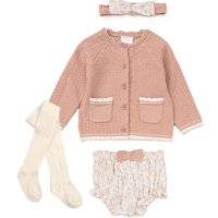 E07711: Baby Girls Knitted/ Woven Mix Cardigan, Knickers, Tights & Headband Outfit (0-12 Months)